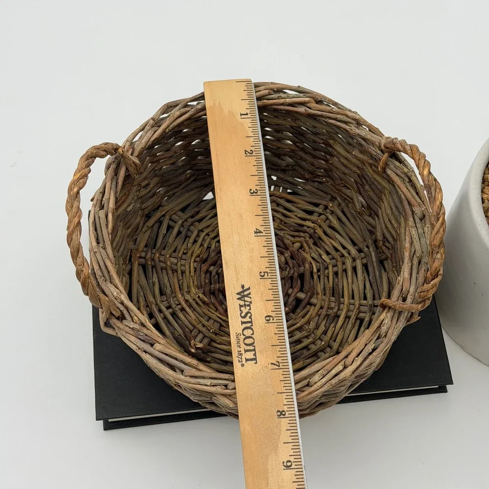 Vintage Hand Woven Twig Basket w Handles Round Decorative Rustic Farmhouse 7.5